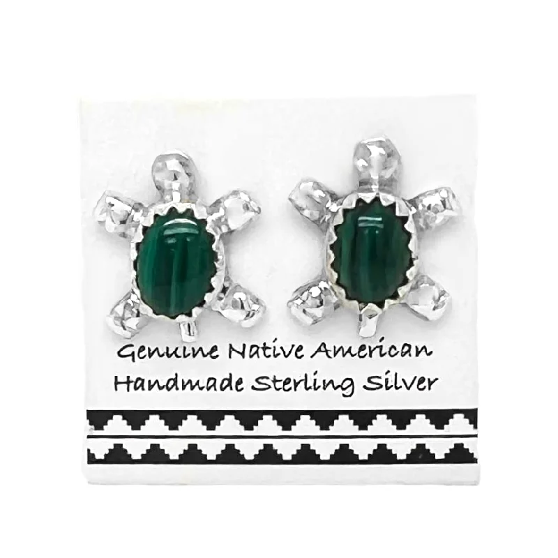 Genuine Malachite Turtle Earrings, 925 Sterling Silver, Authentic Native American USA Handmade, Post Style Stud, Nickel Free, Dark Green