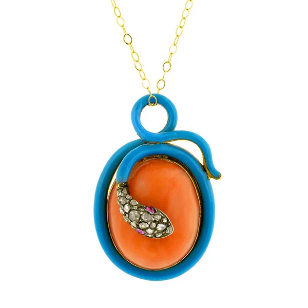 Coral, Rose Cut Diamond & Enamel Snake Pendant