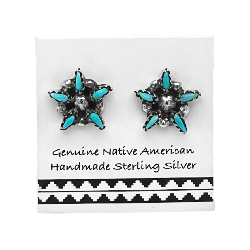 9mm Genuine Sleeping Beauty Needlepoint Star Earrings, Sterling Silver, Authentic Native American Handmade in New Mexico, USA, Post Stud