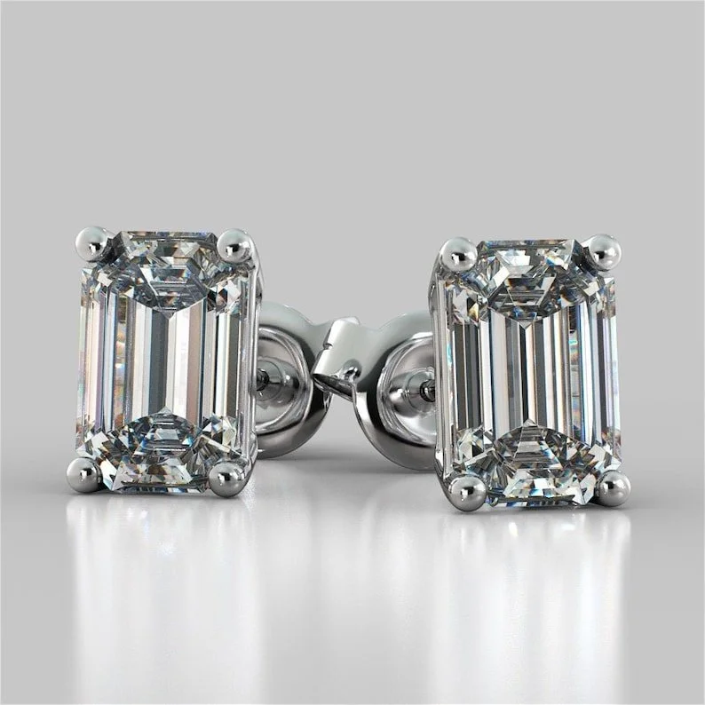 3.00 CTW Emerald Cut Moissanite Gold Stud Earrings