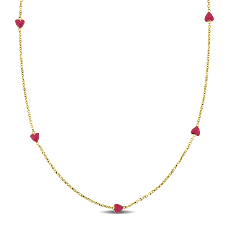 Mimi & Max Pink Enamel Heart Station Necklace in 14k Yellow Gold - 15 in