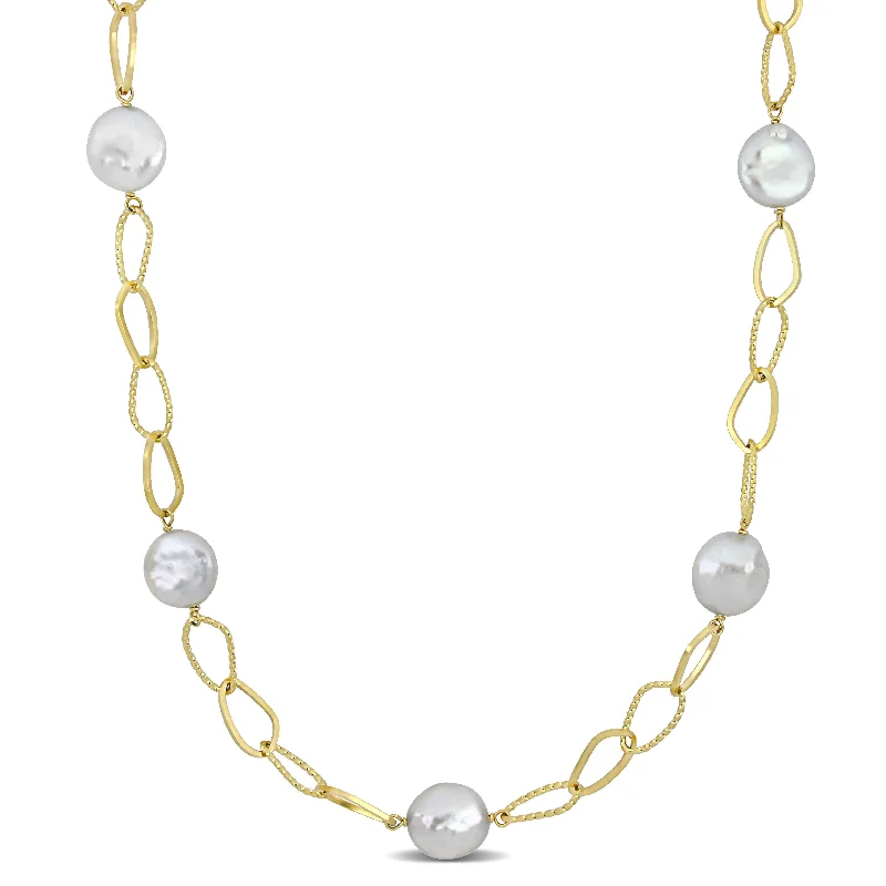 Mimi & Max 14-15mm Cultured Freshwater Coin Pearl Station Chain Necklace in Yellow Silver - 36 in