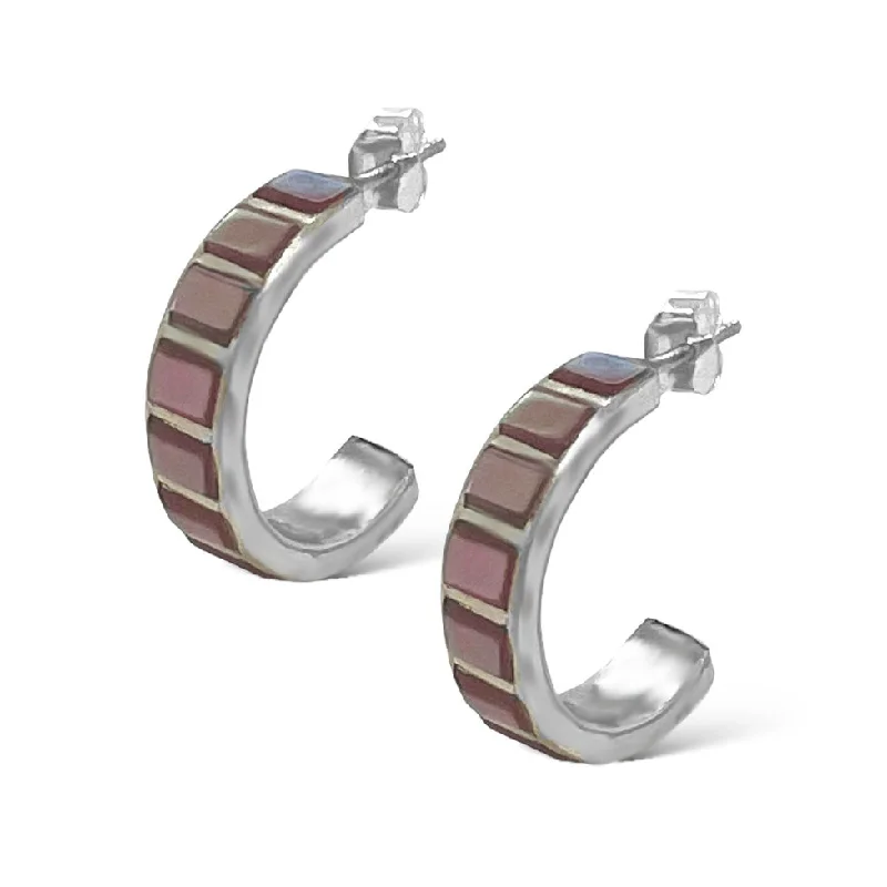 Genuine Pink Mother of Pearl Hoop Earrings, 925 Sterling Silver, Native American USA Handmade, Nickle Free