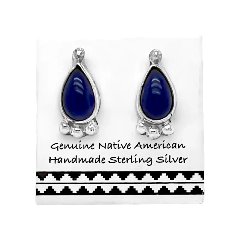 Genuine Lapis Lazuli Stud Earrings, Sterling Silver, Southwest Style, Native American Handmade, Nickel Free, Navy Blue