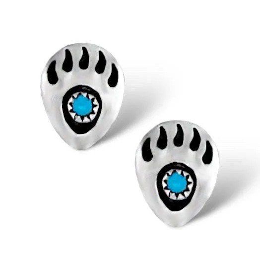 Genuine Sleeping Beauty Turquoise Bear Paw Stud Earrings in 925 Sterling Silver, Authentic Native American Handmade, Nickel Free