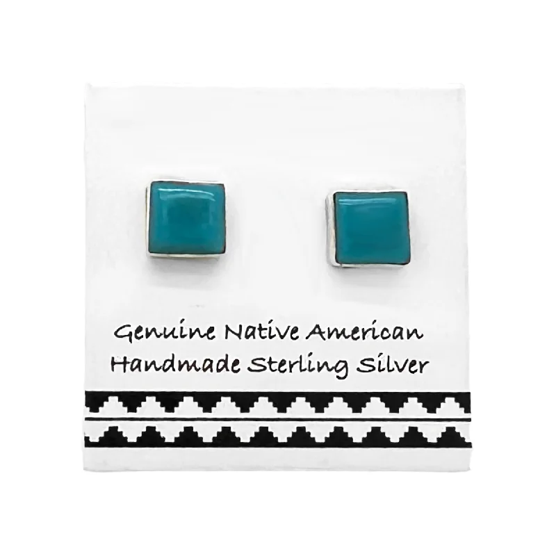 5mm Genuine Sleeping Beauty Turquoise Square Stud Earrings, Sterling Silver, Authentic Navajo Native American Handmade, Nickel Free