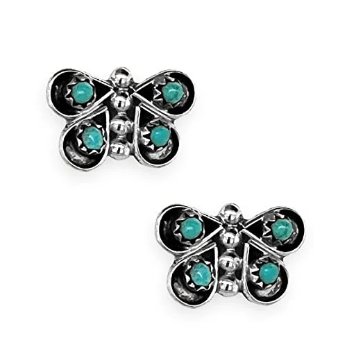 Genuine Sleeping Beauty Turquoise Butterfly Stud Earrings in 925 Sterling Silver, Authentic Native American Handmade, Nickel Free