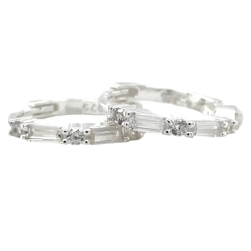 Sterling Silver Baguette And Round Cz Hoop Earrings