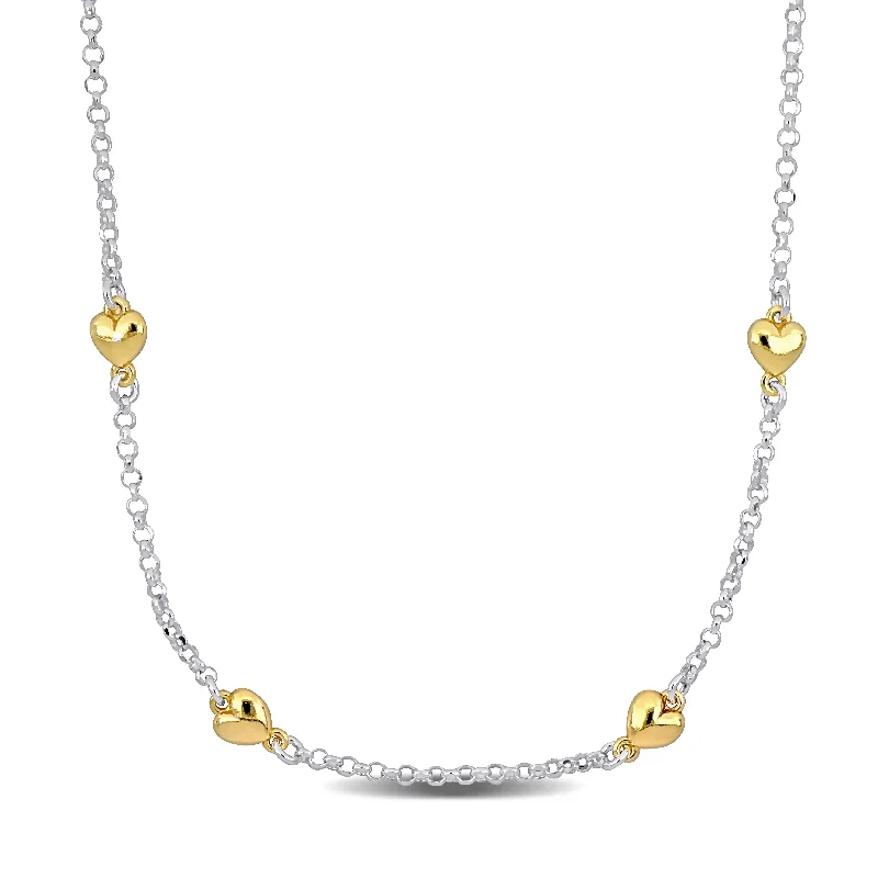 Mimi & Max Four Heart Charm Station Necklace in Two-Tone Yellow and White Sterling Silver-16.5+1 in