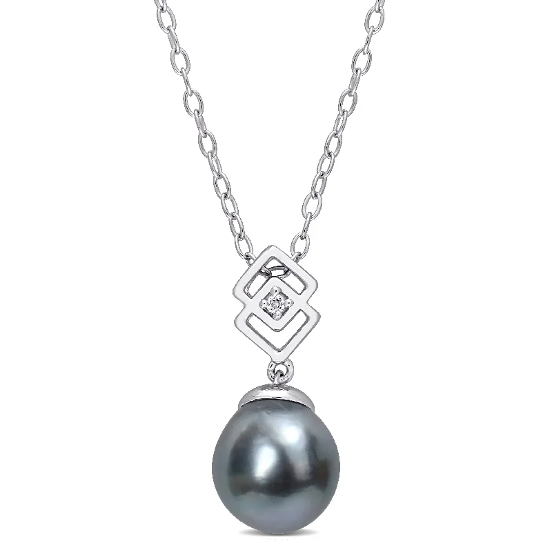 Mimi & Max 8-9mm Black Tahitian Cultured Pearl and White Topaz Lozenge Drop Pendant with Chain in Sterling Silver