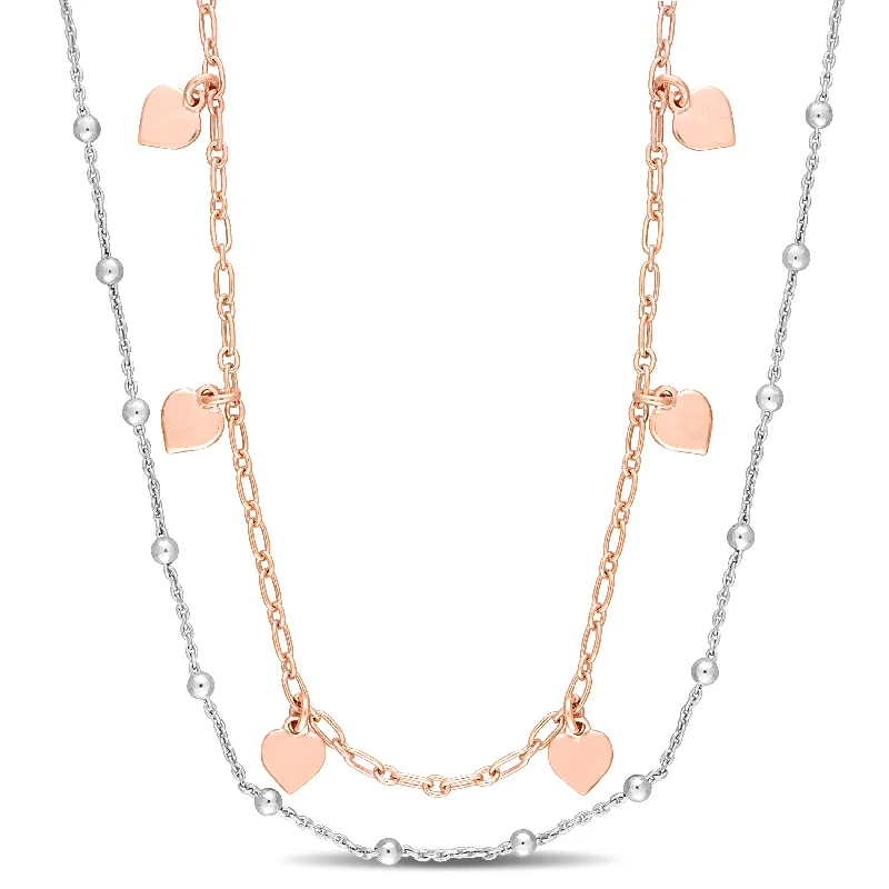 Mimi & Max Two-Tone Heart and Ball Bead Chain Necklace in Rose Plated Sterling Silver - 19.5 in