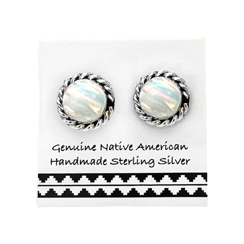 Desert Opal Round Stud Earrings in 925 Sterling Silver, Authentic Native American Handmade, White Synthetic Opal