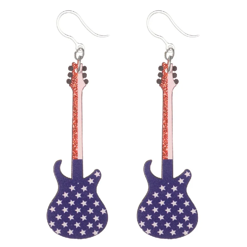 Exaggerated Patriotic Guitar Dangles Hypoallergenic Earrings for Sensitive Ears Made with Plastic Posts