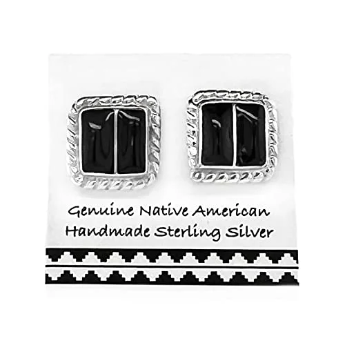 Genuine Black Onyx Stud Earrings, 925 Sterling Silver, Authentic Native American Handmade in New Mexico, Square