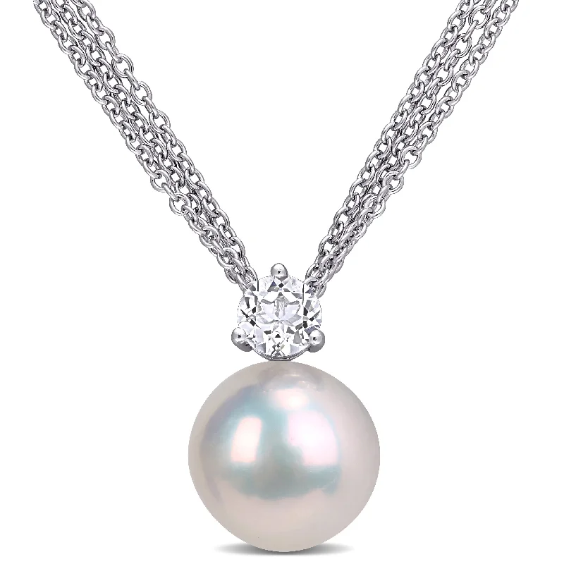 Mimi & Max 11-12mm Cultured Freshwater Pearl and 5/8ct TGW White Topaz Necklace in Sterling Silver