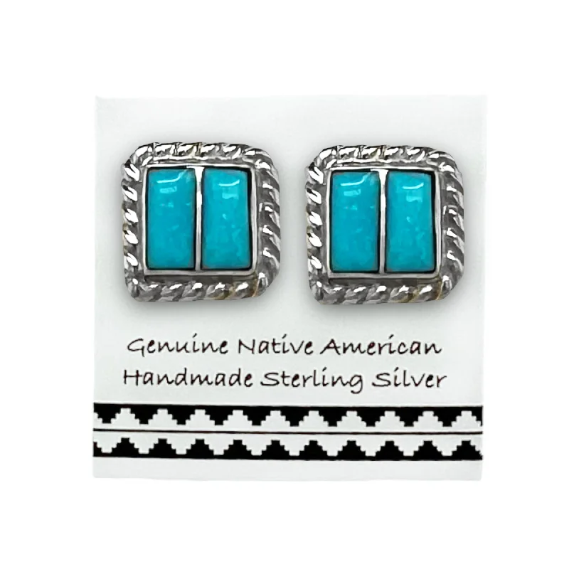 Genuine Sleeping Beauty Turquoise Stud Earrings , 925 Sterling Silver, Native American USA Handmade, Nickel Free, Square