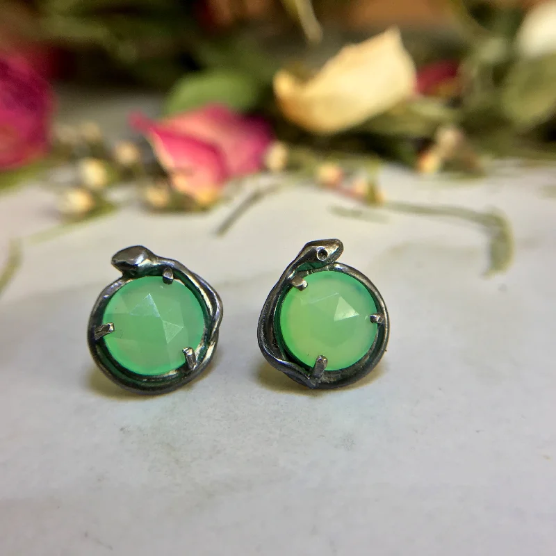 Black Snake Stud Earrings with Rose Cut Chrysoprase