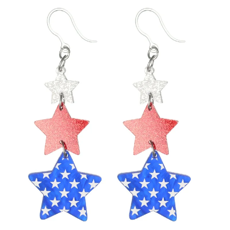 Exaggerated Patriotic Star Dangles Hypoallergenic Earrings for Sensitive Ears Made with Plastic Posts