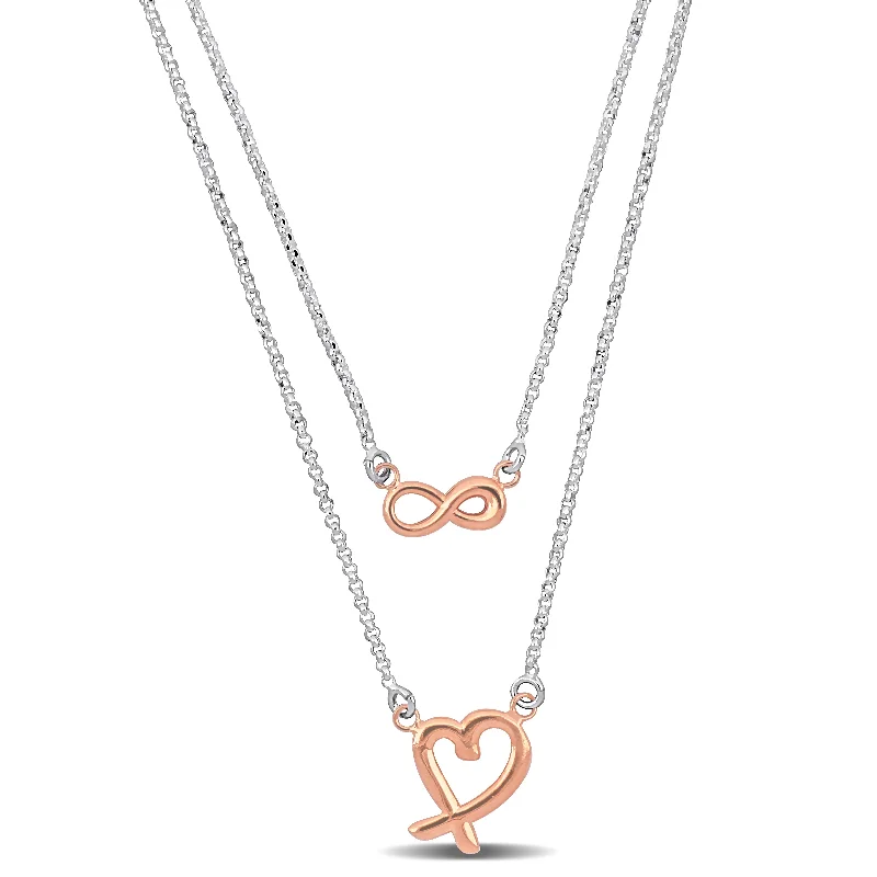 Mimi & Max Pink Infinity and Heart Double Strand Necklace in Sterling Silver - 16+18 w/ 1 in. ext