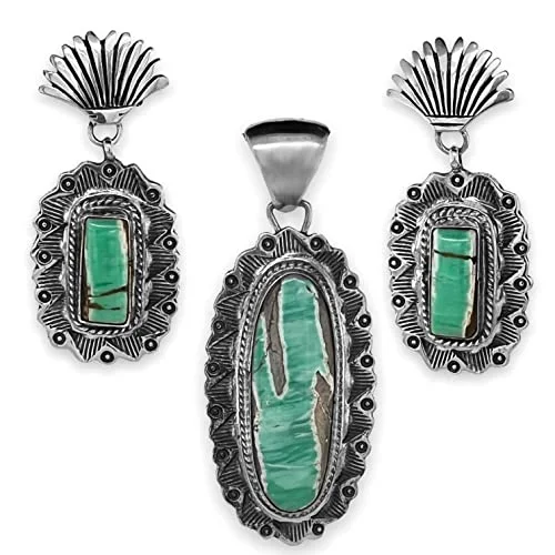 Genuine Variscite Earring and Pendant Set, Sterling Silver, Authentic Native American Handmade in New Mexico, USA, Drop Dangle