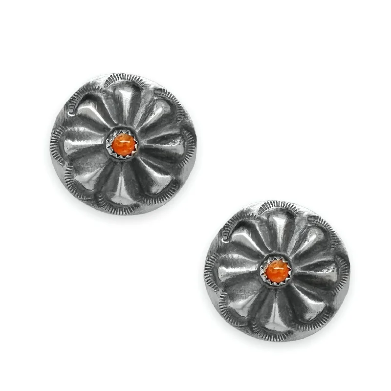 Genuine Orange Spiny Oyster Shell Concho Earrings, Oxidized Sterling Silver, Authentic Native American Handmade in New Mexico, USA, Post