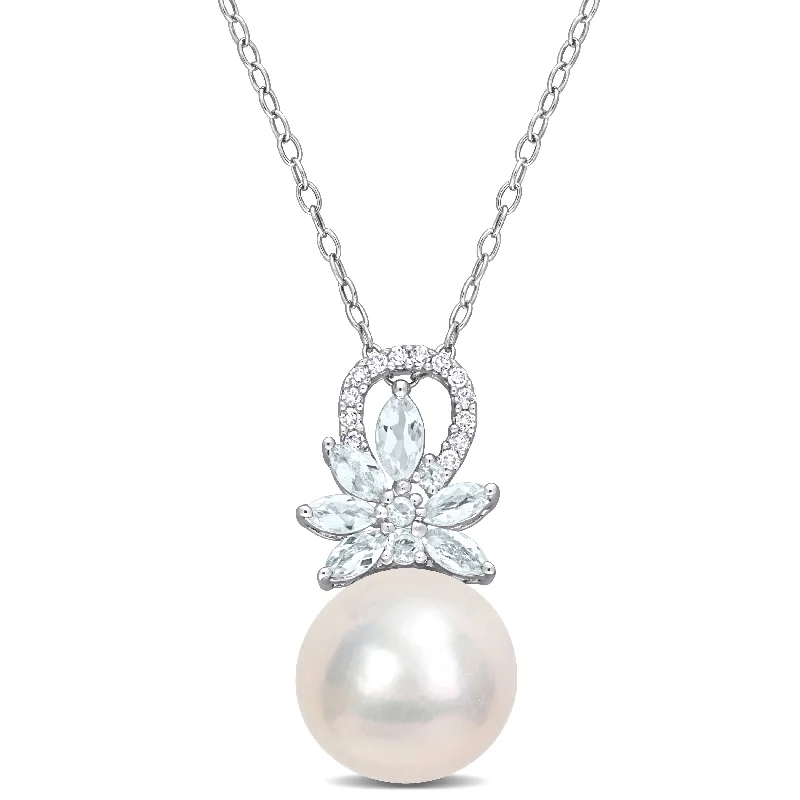 Mimi & Max 11-12mm Cultured Freshwater Pearl and 5/8ct TGW Aquamarine and Diamond Accent Flower Pendant with Chain in Sterling Silver