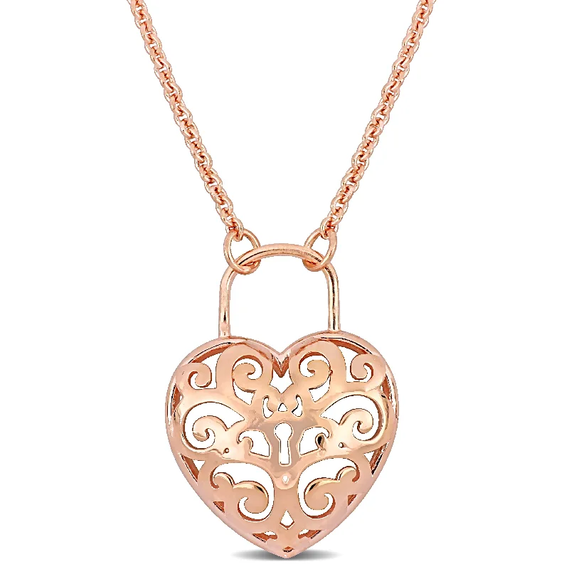 Mimi & Max Pink Heart Lock Charm Pendant w/ Chain in 18k Rose Gold Plated Silver - 16+3 in.