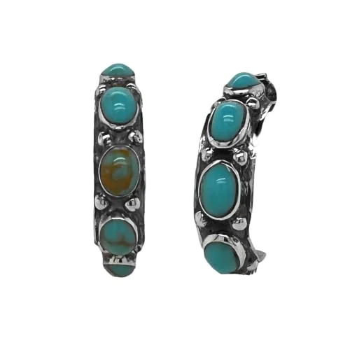 Genuine Sleeping Beauty Turquoise Half Hoop Earrings, Sterling Silver, Native American Handmade, Genuine Stone, Nickle Free