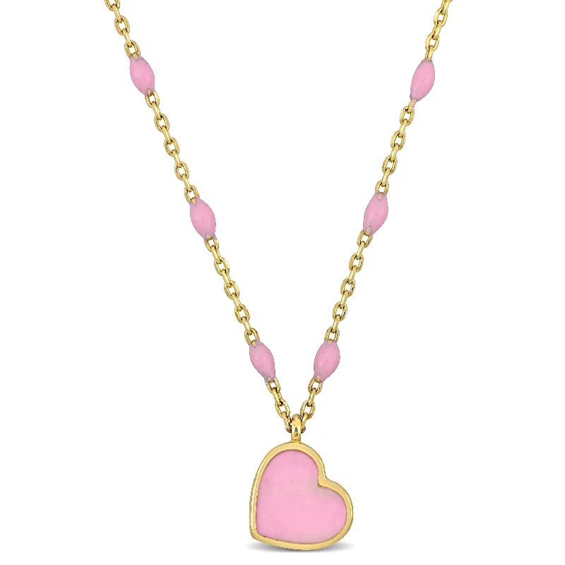 Mimi & Max Womens 14K Yellow Gold Pink Enamel Heart Necklace w/ Spring Ring Clasp - 16+2 in.