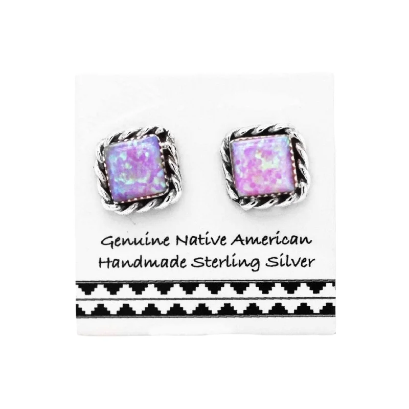 8mm Pink Desert Opal Square Stud Earrings, 925 Sterling Silver, Native American Handmade in the USA, Nickel Free, Pink