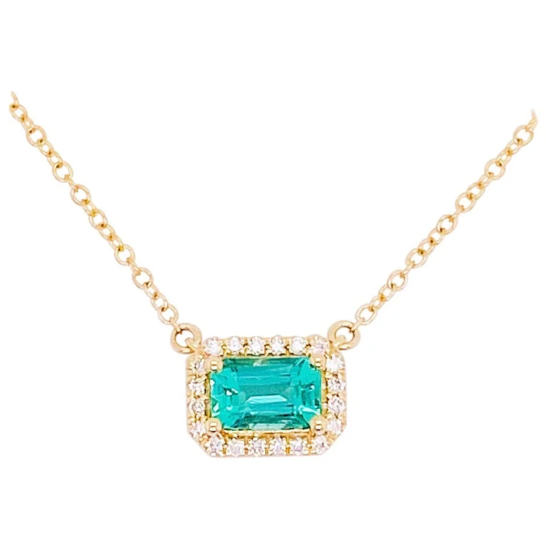 Horizontal Emerald and Diamond Halo Pendant