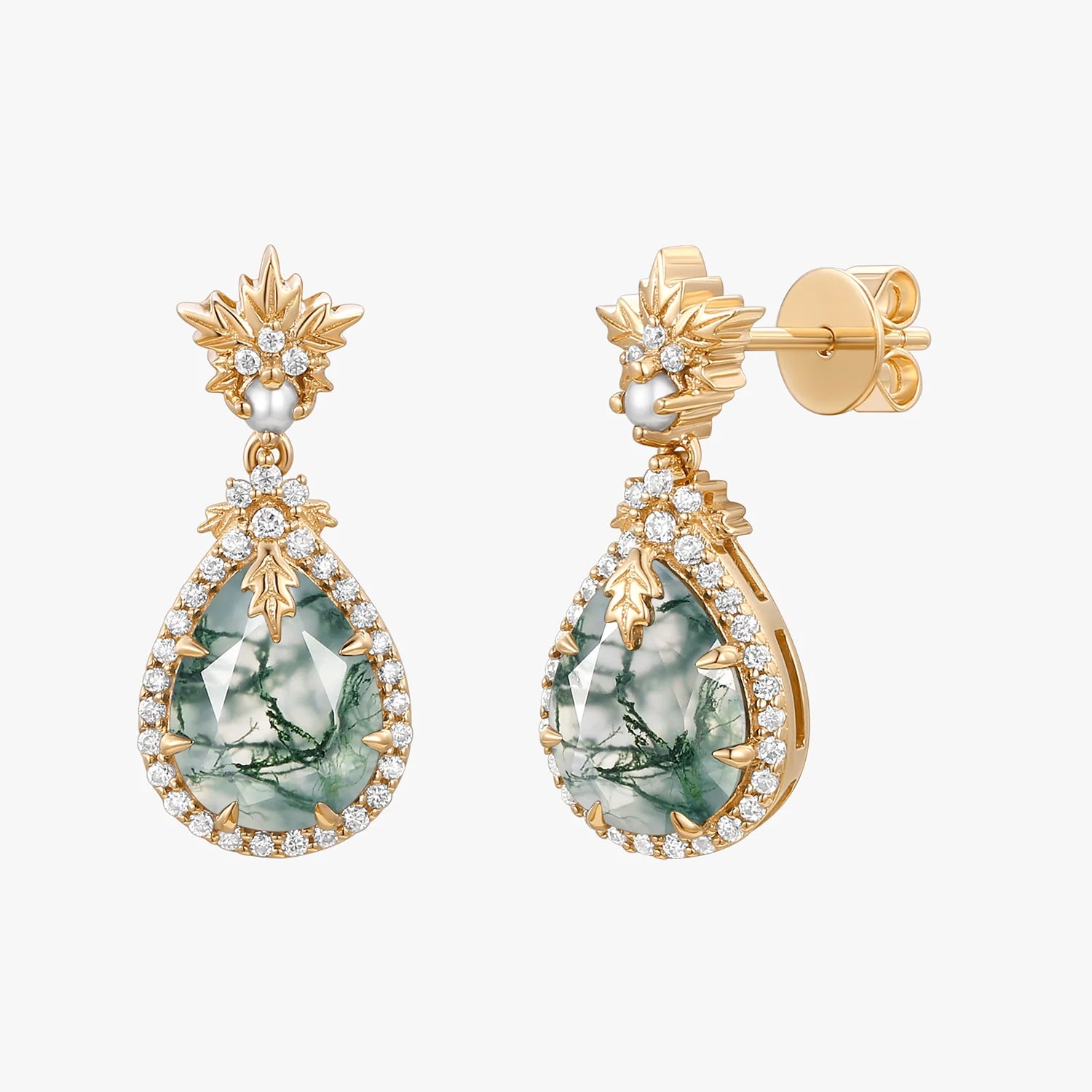 Natural Moss Agate & Pearl Vintage Inspired Yellow Gold Earrings