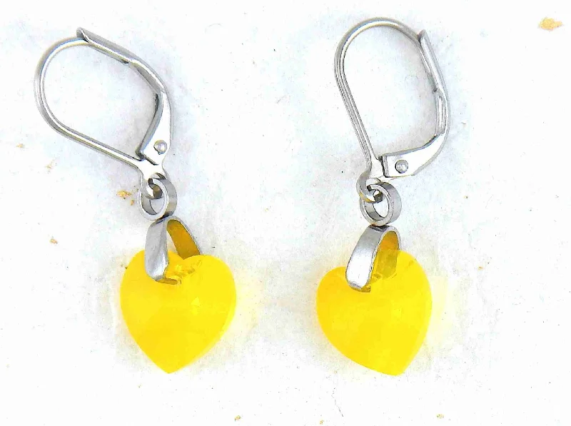 Short earrings with 10mm faceted Yellow Opal Swarovski crystal hearts, stainless steel lever back hooks