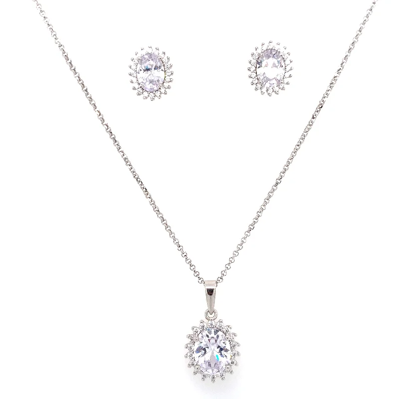 Sterling Silver Oval Halo CZ Earrings & Pendant Set