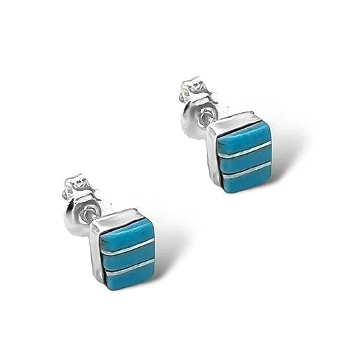 6mm Genuine Sleeping Beauty Turquoise Earrings, Sterling Silver, Authentic Native American Handmade, Post Stud, Minimalist Square Small Blue Jewelry for Women and Girls