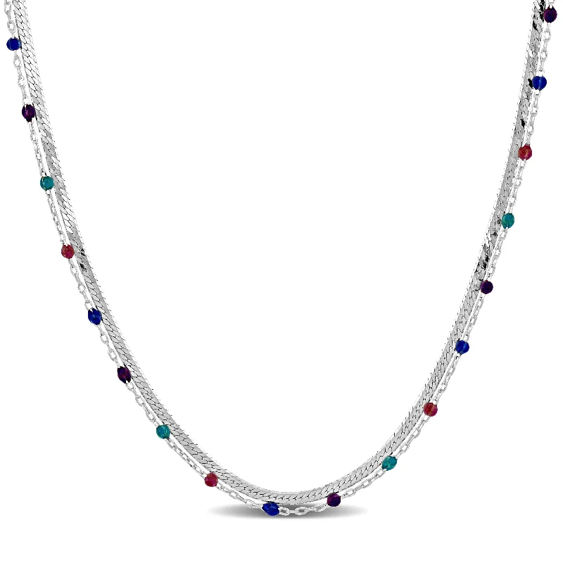 Mimi & Max Multi-Color Bead Double Strand Herringbone Necklace in Sterling Silver - 15+2 in.