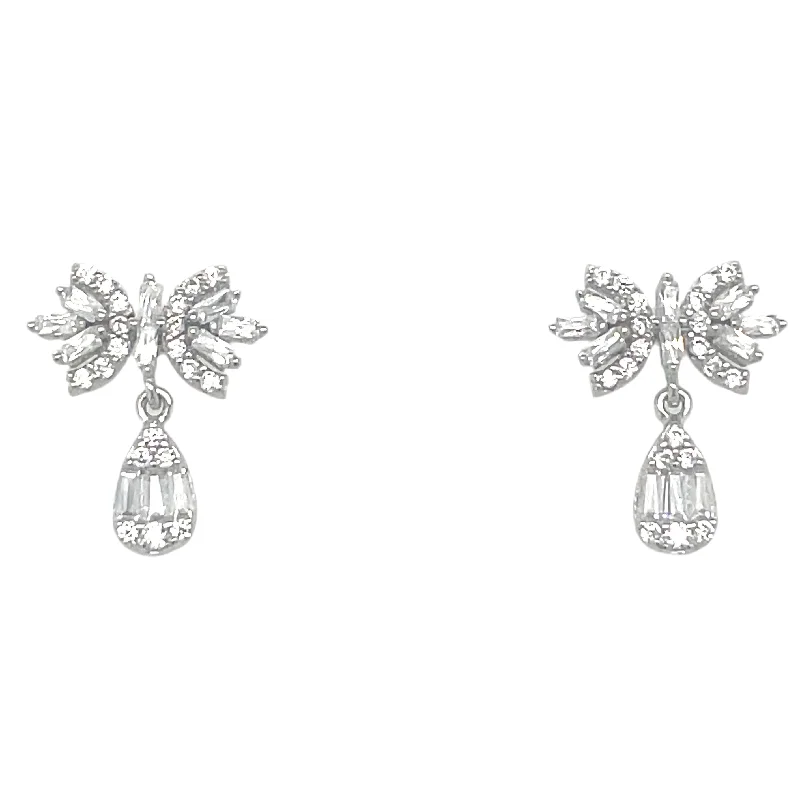 Sterling Silver Bow Earrings With Drop Cz