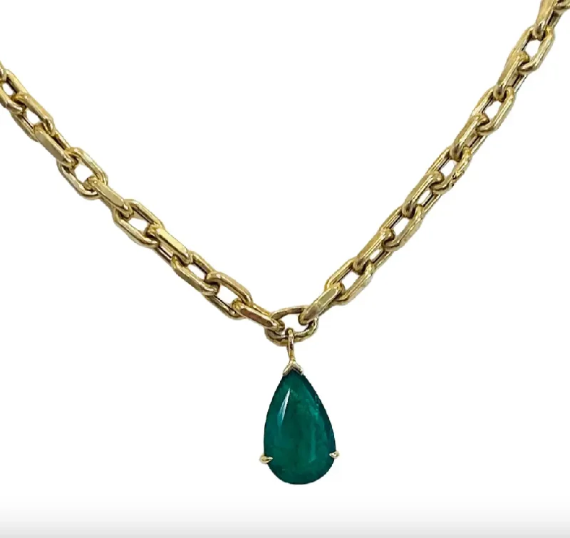 Large Emerald 5ct Pear Drop Necklace on Bold Lightweight Chain in 14K Gold