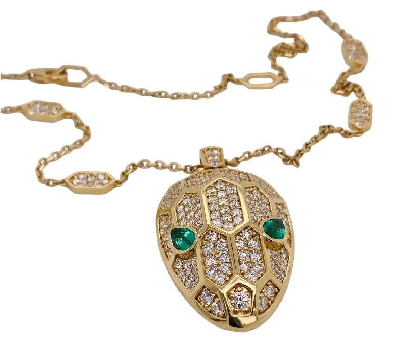 Geometric Large Snake Head Necklace Diamonds and Emeralds Bold Design 18K Gold