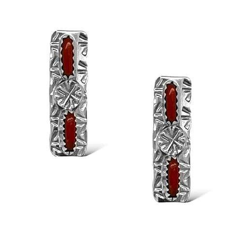 Genuine Red Coral Earrings, 925 Sterling Silver, Authentic Native American Handmade in the USA, Artist Signed, Post Stud, Jewelry for Women, Nickel Free