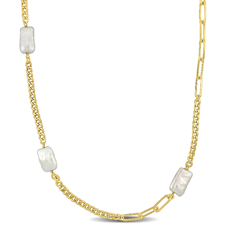 Mimi & Max 10x16.5mm Cultured Freshwater Pearl Station Necklace a Curb Paperclip Chain Yellow Silver - 33 in.