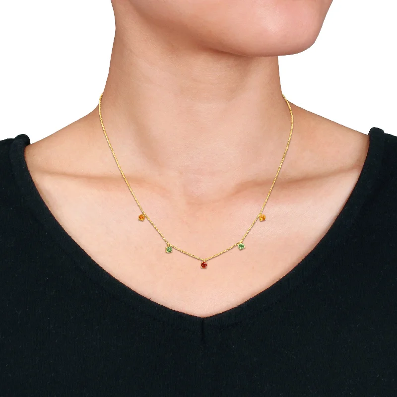 Mimi & Max 1 1/4ct TGW Orange, Green and Yellow Sapphire Station Necklace in 10k Yellow Gold - 16.5 in