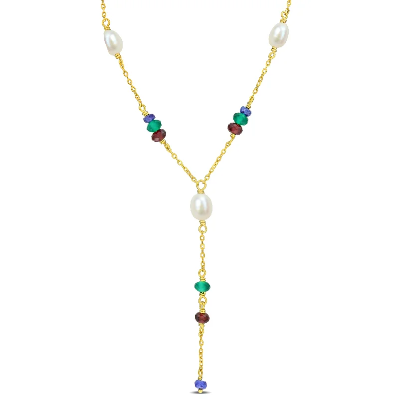 Mimi & Max 3 1/2ct TGW Blue Sapphire Garnet Green Onyx Beads and 4-6.5mm Cultured Freshwater Pearl Y Necklace in Yellow Siilver - 17+2 in.