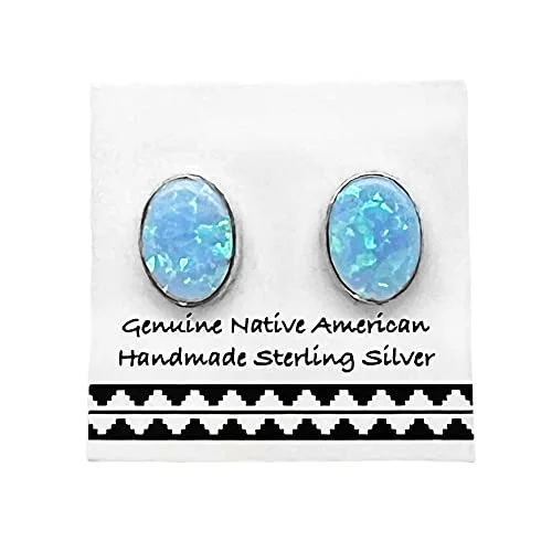 Blue Desert Opal Stud Earrings, Oval, 925 Sterling Silver, Native American USA Handmade, Nickel Free, Synthetic Opal