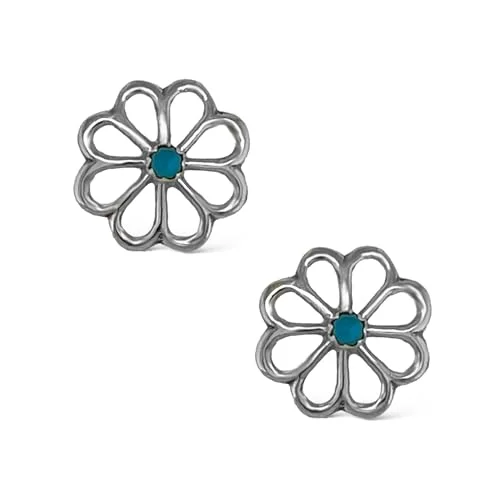 Genuine Sleeping Beauty Turquoise Flower Earrings, 925 Sterling Silver, Authentic Native American Handmade in the USA, Post Stud, Blue Jewelry for Women, Southwest Boho Style, Nickel Free