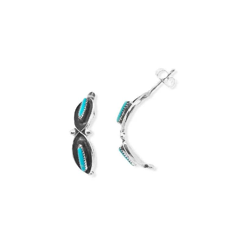 Genuine Sleeping Beauty Turquoise Half Hoop Earrings in 925 Sterling Silver, Native American Handmade in the USA, Nickle Free