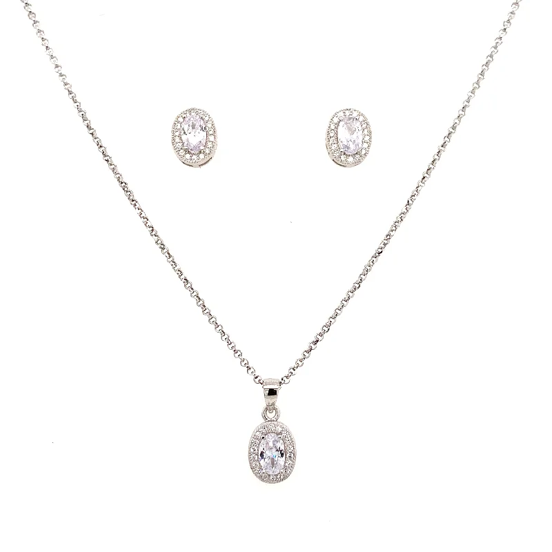 Sterling Silver Oval Halo CZ Earrings & Pendant Set