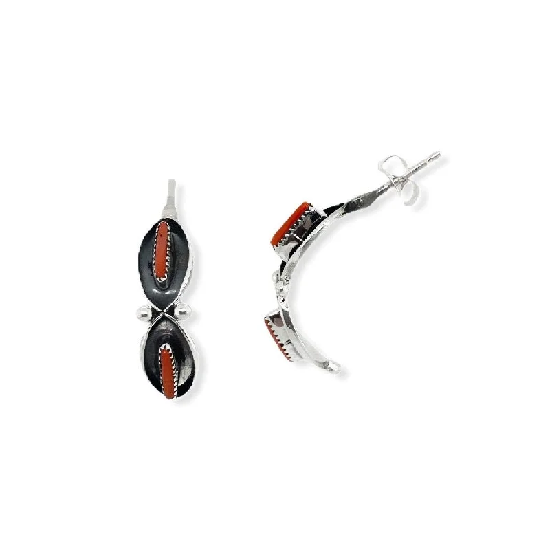 Genuine Red Coral Half Hoop Earrings, Native American USA Handmade, 925 Sterling Silve