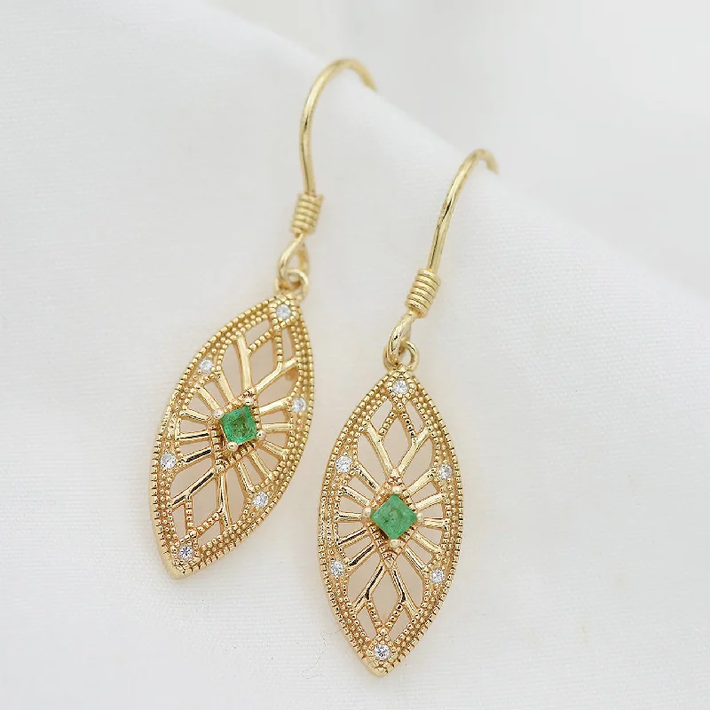 Vintage Inspired Natural Emerald Rose Gold Earrings