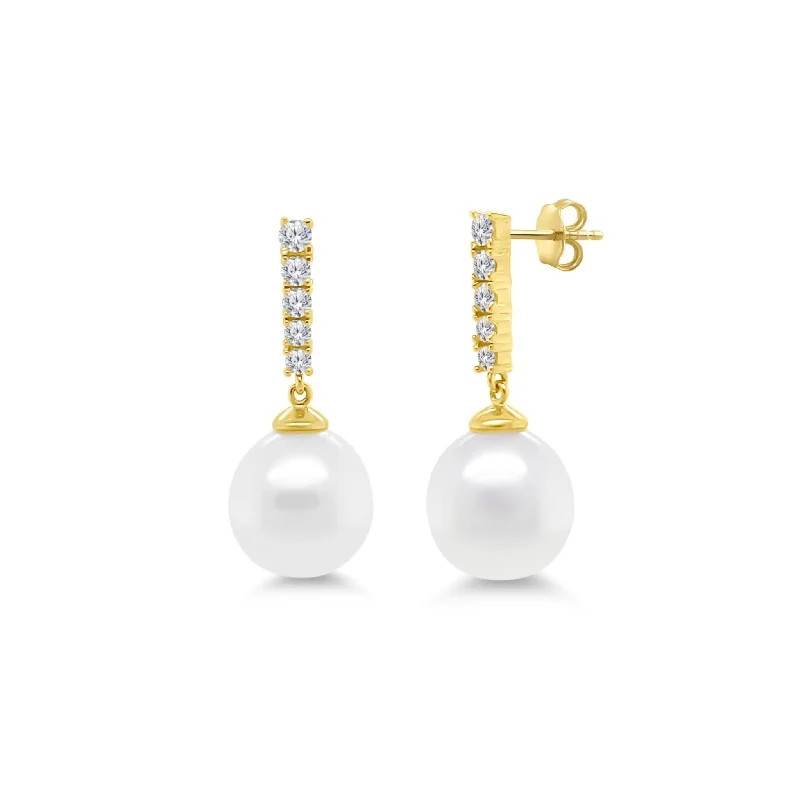 Diamond Bar & Pearl Dangle Earrings